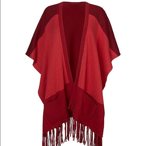 CAbi Sweaters - CAbi 3841 Firebrick Red Fringe Lightweight Poncho with Pockets XS S